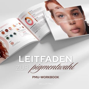 Könnte beinhalten: Ein PMU-Arbeitsbuch mit dem Titel LEITFADEN ZUR PIGMENTWAHL mit aufgeschlagenen Seiten, die Farbtabellen, Fitzpatrick-Hauttyp-Diagramme und Gesichtsfotos zeigen. Das Cover trägt den Text LEITFADEN ZUR PIGMENTWAHL und PMU-WORKBOOK SKILLER PMU.