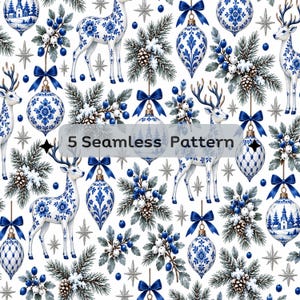 May include: A seamless pattern featuring white deer with blue floral patterns, blue and white Christmas ornaments, pine branches with pinecones, blue berries, and silver stars. The text 5 Seamless Pattern is centered on the image.