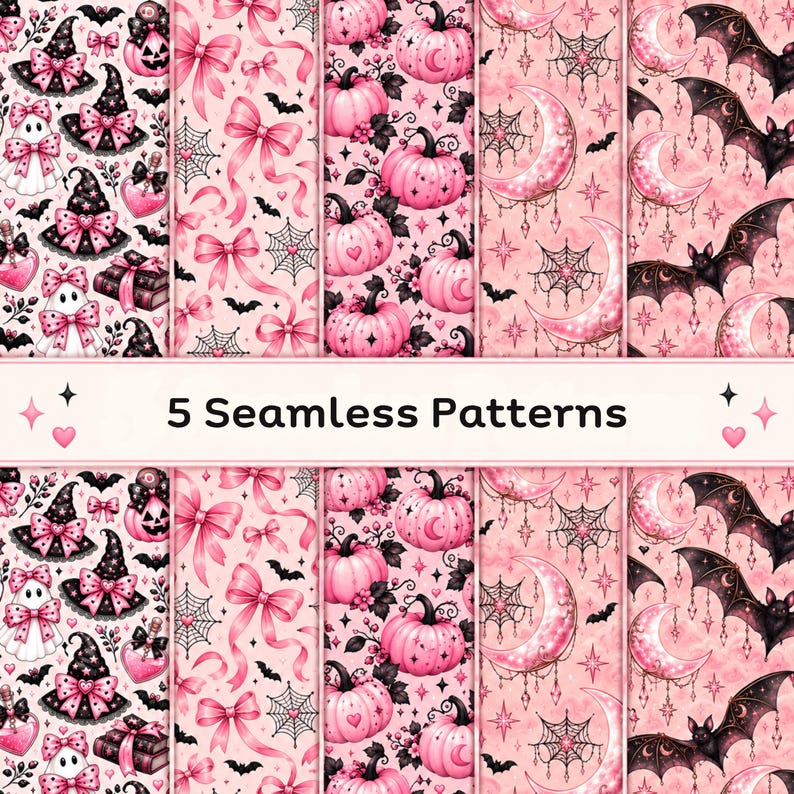 Pink Steamless Patterns Simple Pink Coquette Halloween Seamless Patterns: Ghosts, Pumpkins, Bats ...