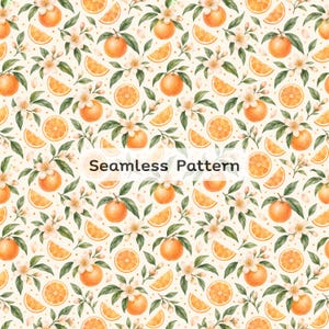 Könnte beinhalten: Ein nahtloses Muster mit Aquarellillustrationen von Orangen, Orangenscheiben und weißen Orangenblüten mit grünen Blättern auf cremefarbenem Hintergrund. Der Text "Seamless Pattern" ist in einem weißen Rechteck zentriert.