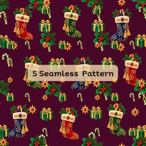 Puede incluir: Un patrón continuo sobre un fondo morado oscuro con calcetines navideños en rojo, verde y azul con detalles dorados, cajas de regalo verdes con lazos dorados, ramas de acebo y bastones de caramelo. El texto 5 Seamless Pattern está centrado.