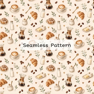 Könnte beinhalten: Ein nahtloses Muster mit Illustrationen von Kaffeetassen mit Latte Art, Glaskaraffen, Croissants, Zimtschnecken, Butterdosen, Milchflaschen, Zuckerdosen, Kaffeebohnen, kleinen Löffeln und grünen Zweigen auf einem cremefarbenen Hintergrund.