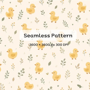 May include: A seamless pattern featuring yellow ducklings and green foliage on a cream background. The text reads Seamless Pattern 3600 x 3600 px 300 DPI. The design includes small hearts and sprigs arranged in a repeating layout across the surface.