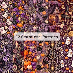 May include: A digital collection of 12 seamless patterns featuring Halloween themes including ghosts, black cats, pumpkins, lanterns, witches' hats, crystals, and floral elements in shades of purple, orange, and black with the text 12 Seamless Pattern.