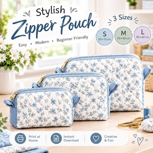 Puede incluir: Tres estuches acolchados con cremallera en tamaños pequeño, mediano y grande, con tela blanca de estampado floral azul y paneles laterales azul sólido. El texto dice Stylish Zipper Pouch, 3 Sizes, S 50 x 30 cm, M 70 x 40 cm, L 90 x 60 cm.