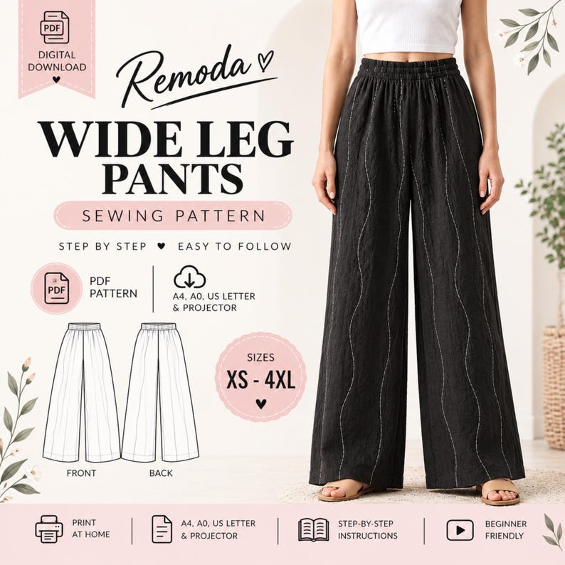 Wide Leg Pants Sewing Pattern PDF, Women's Elastic Waist Pants Pattern