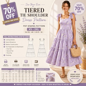 May include: A digital PDF sewing pattern for a tiered tie-shoulder dress. The document includes a size chart for XS-2XL, step-by-step instructions, fabric recommendations, and a visual illustration of the lavender floral dress design.