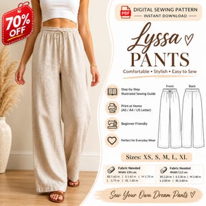 May include: A digital sewing pattern for Lyssa Pants featuring a beige pair of wide-leg trousers with an elastic drawstring waistband. The graphic includes text, a technical line drawing of the front and back, and fabric requirements in metres.