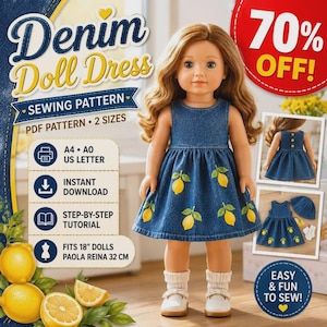 Könnte beinhalten: Eine Puppe trägt ein ärmelloses Jeanskleid mit gelbem Zitronenmuster, weißen Socken und weißen Schuhen. Das Bild enthält Text für ein Schnittmuster, PDF-Anleitung, 2 Größen, A4, A0, Sofort-Download und für 32 cm große Puppen geeignet.