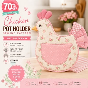 May include: A chicken-shaped pot holder sewing pattern featuring a cream-colored fabric with a pink floral print, a solid pink wing, and a pink gingham tail. The text reads Chicken POT HOLDER SEWING PATTERN, PDF PATTERN, EASY TO PRINT, and BEGINNER Friendly.