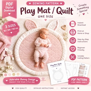 May include: A digital sewing pattern for a circular play mat or quilt featuring a bunny ear design. The pattern includes instructions for three sizes: 90, 100, and 120 cm. The document displays text including PDF Digital Download, Play Mat / Quilt, and One Size.