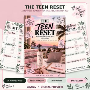 May include: A digital printable planner titled The Teen Reset, featuring a sunset beach background, a stack of pink books, a white tumbler, a laptop, and a notebook. The pages include sections for goals, self-care, and daily tracking with floral accents.