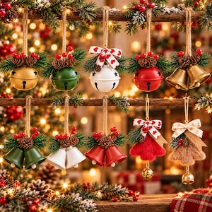 Puede incluir: Una colección de diez adornos navideños colgantes con cascabeles y decoraciones en forma de campana en oro, verde, blanco y rojo. Cada adorno está decorado con agujas de pino, pequeñas piñas, bayas rojas y lazos de tela estampados.