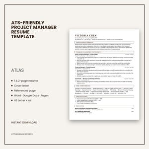May include: An ATS-friendly project manager resume template titled ATLAS, featuring a professional resume document with sections for summary, experience, competencies, and education, available in Word, Google Docs, and Pages formats.