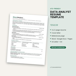 May include: A digital resume template titled Data Analyst Resume Template Tensor, featuring sections for professional summary, experience, technical skills, education, projects, and certifications. The document includes text for Word, Google Docs, and Pages.