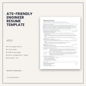 May include: An ATS-friendly engineer resume template titled APEX, featuring a professional layout with sections for summary, experience, skills, and education. The document includes a cover letter, references page, and is compatible with Word, Google Docs, and Pages.