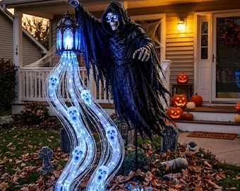 Figura animatrónica de la Parca para Halloween, accesorio de cosechadora de almas con luz, estatua de linterna gótica con espíritus brillantes que gritan.