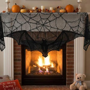Halloween Black Lace Spiderweb Fireplace Mantle Scarf, Gothic Bat Table Runner & Window Curtain Drape for Spooky Home Decor (38x23 in)