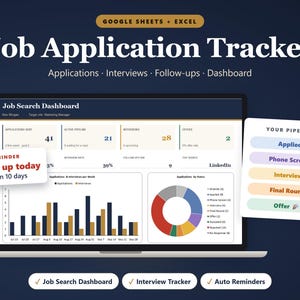 Job Application Tracker Google Sheets Excel, Job Search Spreadsheet, Interview Tracker Template, Job Hunt Planner (Digital Download)