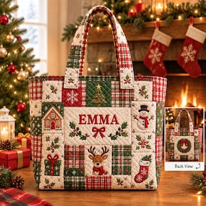 Personalized Christmas Quilted Tote Bag, Custom Embroidered Name Holiday Handbag, Festive Patchwork Shopper, Winter Tote