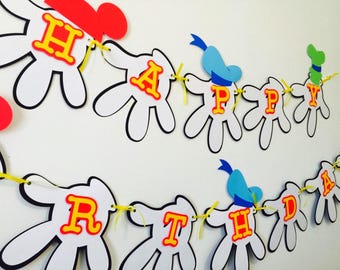 ミッキーマウスをモチーフにしたハッピーバースデーバナー（原色）