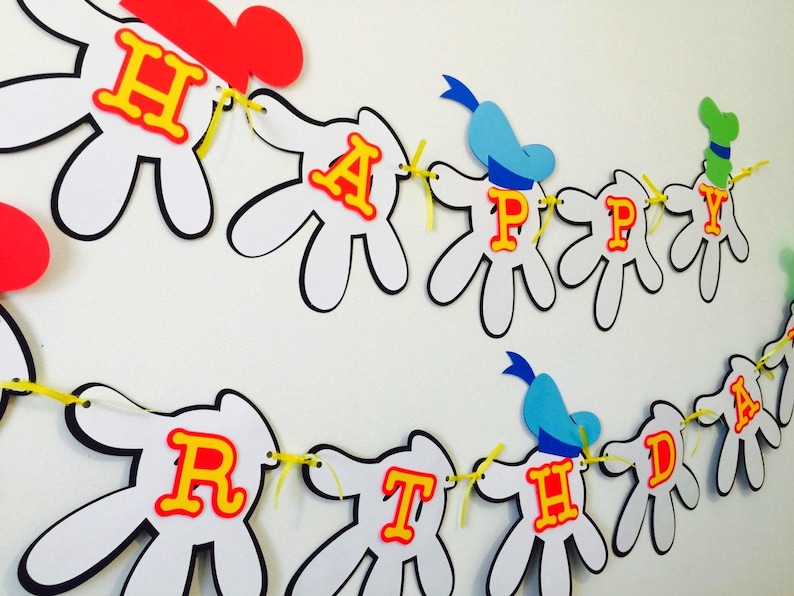 Banner de feliz cumpleaños inspirado en Mickey Mouse, colores primarios imagen 1