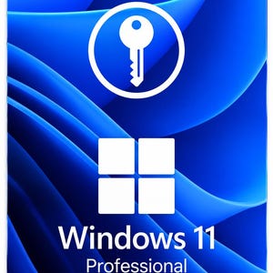May include: A rectangular digital graphic featuring a vibrant blue abstract wave background. Centered at the top is a white circular icon containing a key symbol. Below this is a white four-pane square logo with the text Windows 11 Professional.
