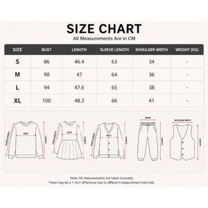 May include: A size chart table with the heading SIZE CHART and All Measurements Are in CM. It lists sizes S, M, L, and XL with corresponding bust, length, sleeve length, and shoulder width in centimeters. Below are line drawings of clothing.