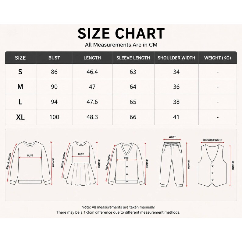 May include: A size chart table with the heading SIZE CHART and All Measurements Are in CM. It lists sizes S, M, L, and XL with corresponding bust, length, sleeve length, and shoulder width in centimeters. Below are line drawings of clothing.