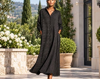 Gestreiftes Maxikleid für Damen, langärmelig, lässig, locker geschnitten, dehnbar, elegant, mit Tasche, bodenlang