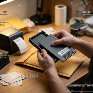 May include: A black TCG card protective case consisting of a tray and a slide lid. The case features stacking pins, snap bumps, an inner pocket for sleeved cards, a label recess, grip ridges, and a lid slide alignment groove. Text includes TCG CARD PROTECTIVE CASE.