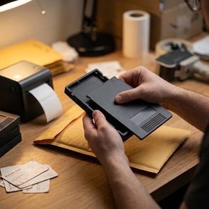 May include: A black rectangular plastic shipping case with a sliding lid, featuring a textured grip area on the edge. The case is held open to reveal a flat interior compartment, designed for organizing small items or documents during the shipping process.