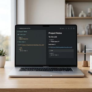 May include: A silver laptop displaying a dark-themed markdown notes application with a project notes header, a to-do list, and code snippets. The screen shows text including Project Notes, To-Do List, Item 1, Bold Item 2, and a URL link.