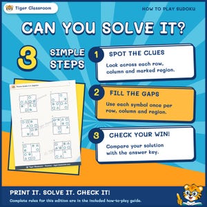 以下が含まれることがあります： CAN YOU SOLVE IT?というタイトルの青とオレンジのインストラクション画像。数独の遊び方として、1. SPOT THE CLUES、2. FILL THE GAPS、3. CHECK YOUR WIN!の3ステップが記載されています。左側には6つの4x4絵柄数独パズルが載ったワークシートが表示されています。