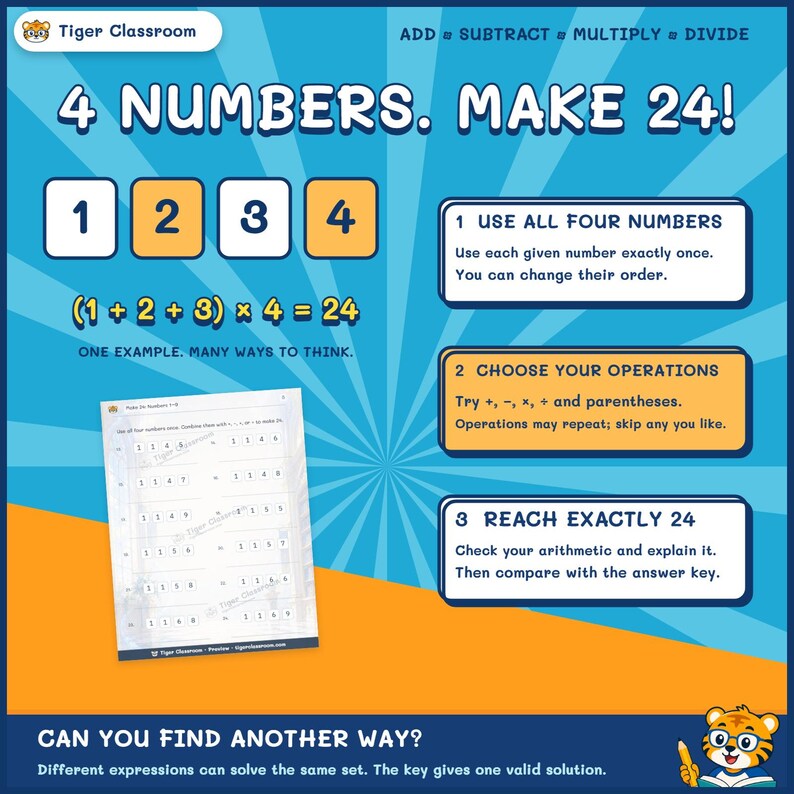 Make 24 Printable Math Puzzles: All Possible Solvable Sets, Numbers 1–9 image 3