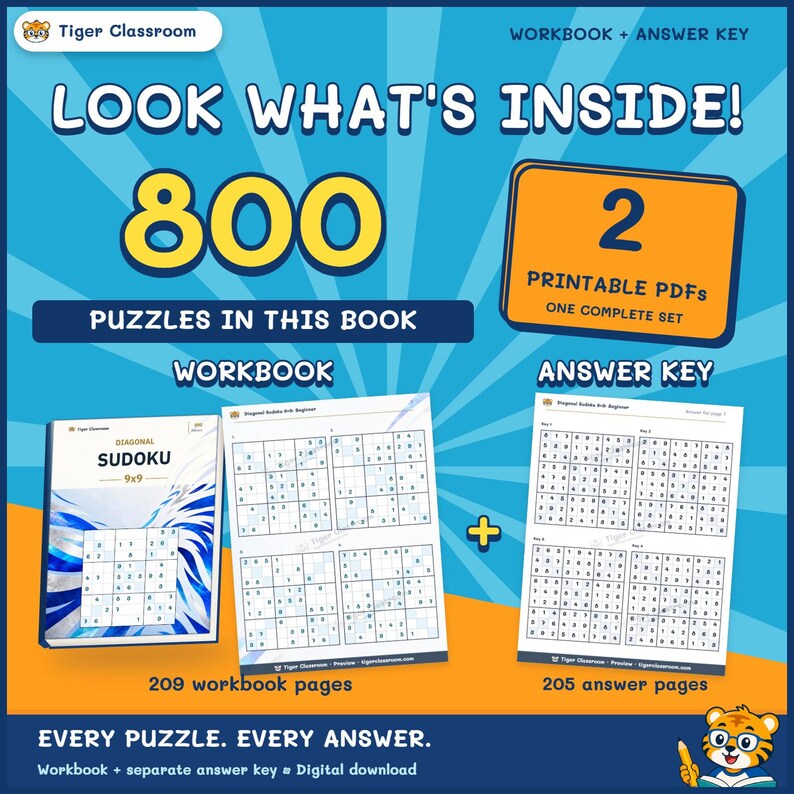 Diagonal Sudoku 9x9: 800 Printable Puzzles with Answers imagen 2