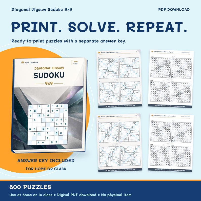 Diagonal Jigsaw Sudoku 9x9: 800 Printable Puzzles with Answers zdjęcie 10