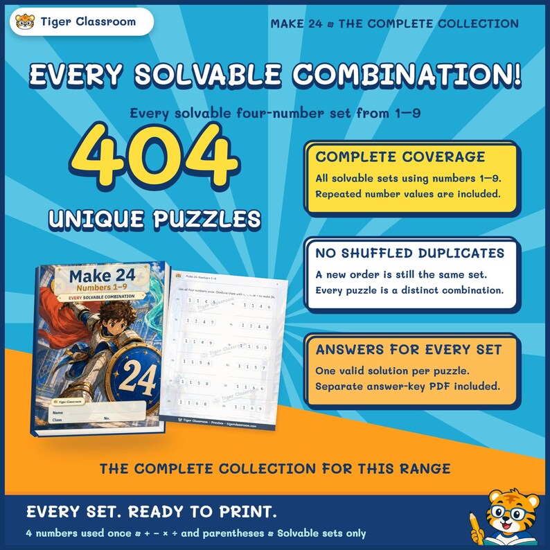Make 24 Printable Math Puzzles: All Possible Solvable Sets, Numbers 1–9 image 2