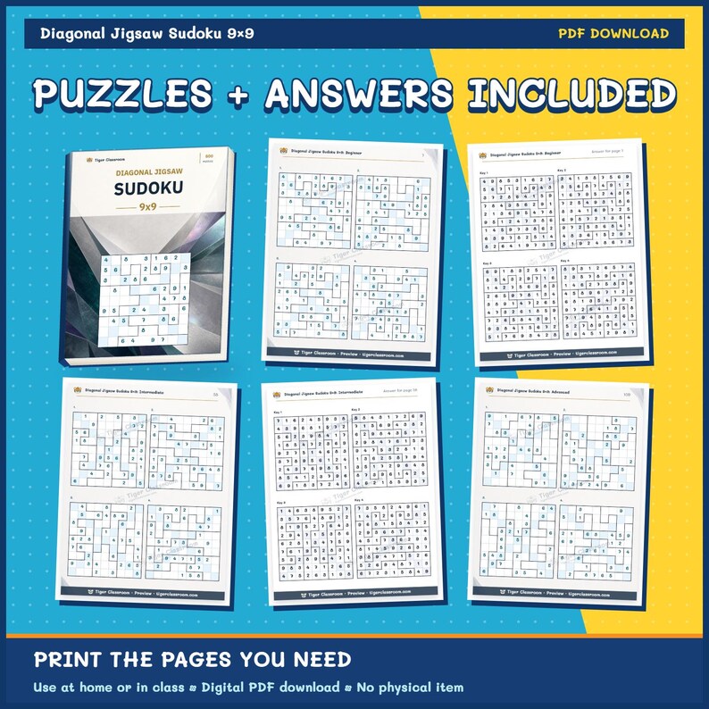 Diagonal Jigsaw Sudoku 9x9: 800 Printable Puzzles with Answers zdjęcie 11