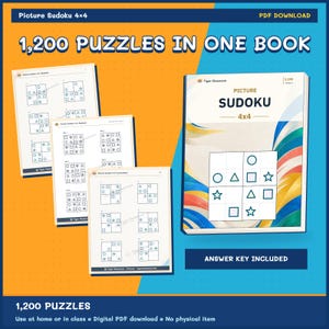 以下が含まれることがあります： 1,200問のパズルを収録した4x4絵柄数独ブックのデジタルPDFダウンロード。表紙には「Picture Sudoku 4x4」および「1,200 Puzzles in One Book」の文字があり、解答キーが含まれています。3枚のサンプルページには図形が描かれたグリッドが表示されています。