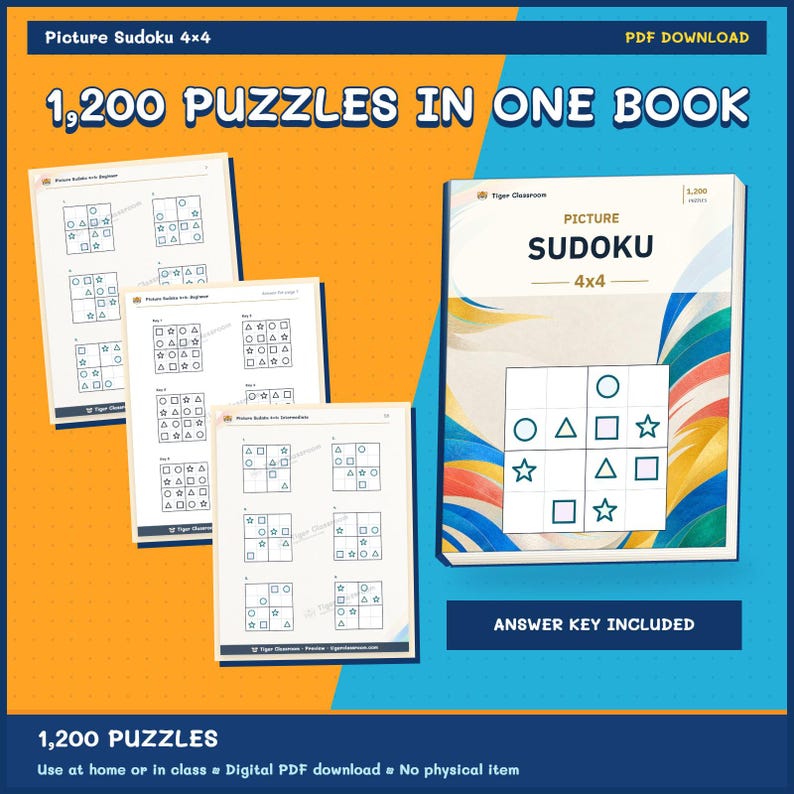 以下が含まれることがあります： 1,200問のパズルを収録した4x4絵柄数独ブックのデジタルPDFダウンロード。表紙には「Picture Sudoku 4x4」および「1,200 Puzzles in One Book」の文字があり、解答キーが含まれています。3枚のサンプルページには図形が描かれたグリッドが表示されています。