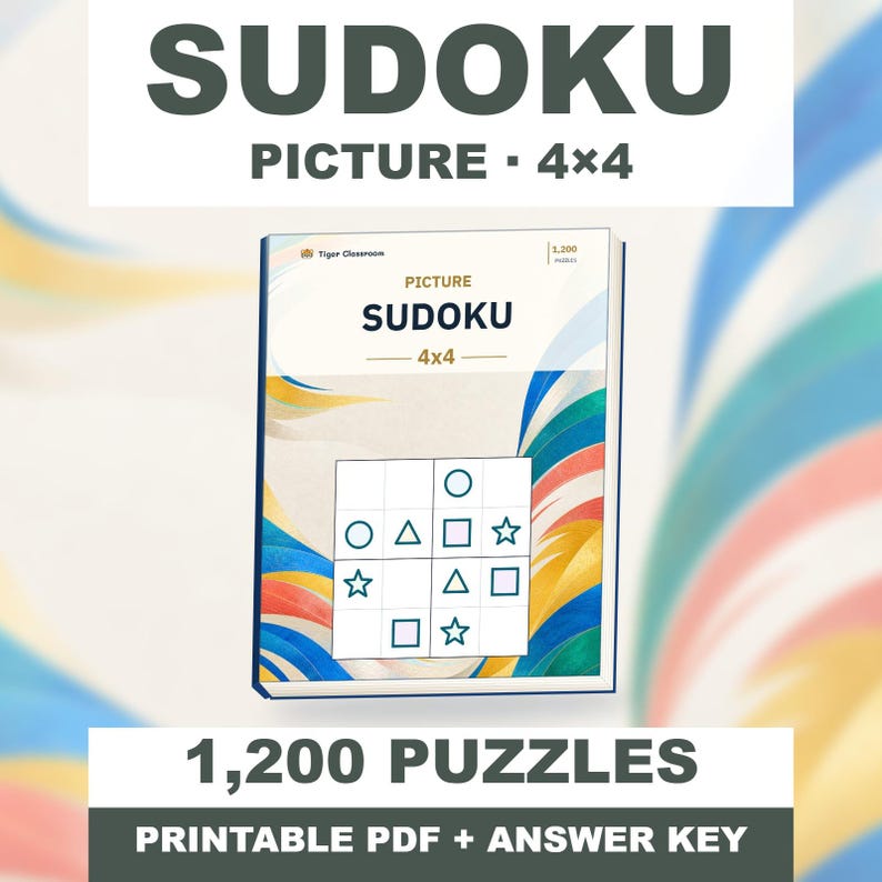 以下が含まれることがあります： Tiger Classroomというタイトルの4x4絵柄数独パズルブック。1,200問のパズルを収録。表紙には円、三角形、四角形、星が描かれたグリッドがあり、カラフルな抽象的背景が特徴。印刷可能なPDFと解答キーが含まれています。