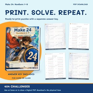 May include: A digital PDF download featuring Make 24: Numbers 1-9 math puzzles. The cover displays an illustrated knight with a shield and the number 24. Includes four pages of printable math challenges and an answer key for home or classroom use.