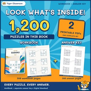 以下が含まれることがあります： Tiger ClassroomのPicture Sudoku 4x4デジタルワークブックと解答キーのセット。209ページのワークブックと205ページの解答集に合計1,200問のパズルが含まれており、2つの印刷可能なPDFファイルで構成されています。表紙はカラフルなデザインです。