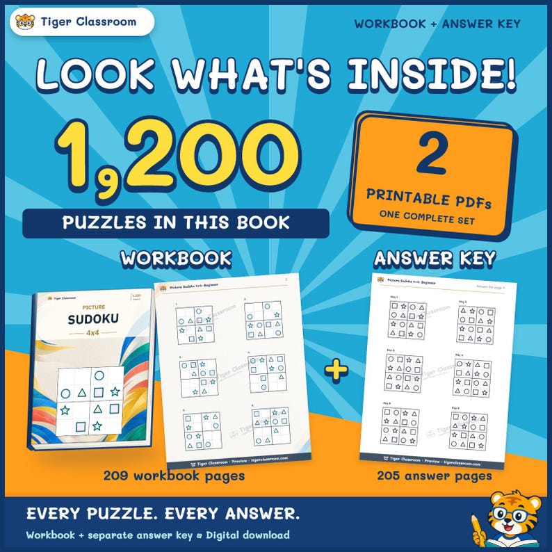 以下が含まれることがあります： Tiger ClassroomのPicture Sudoku 4x4デジタルワークブックと解答キーのセット。209ページのワークブックと205ページの解答集に合計1,200問のパズルが含まれており、2つの印刷可能なPDFファイルで構成されています。表紙はカラフルなデザインです。