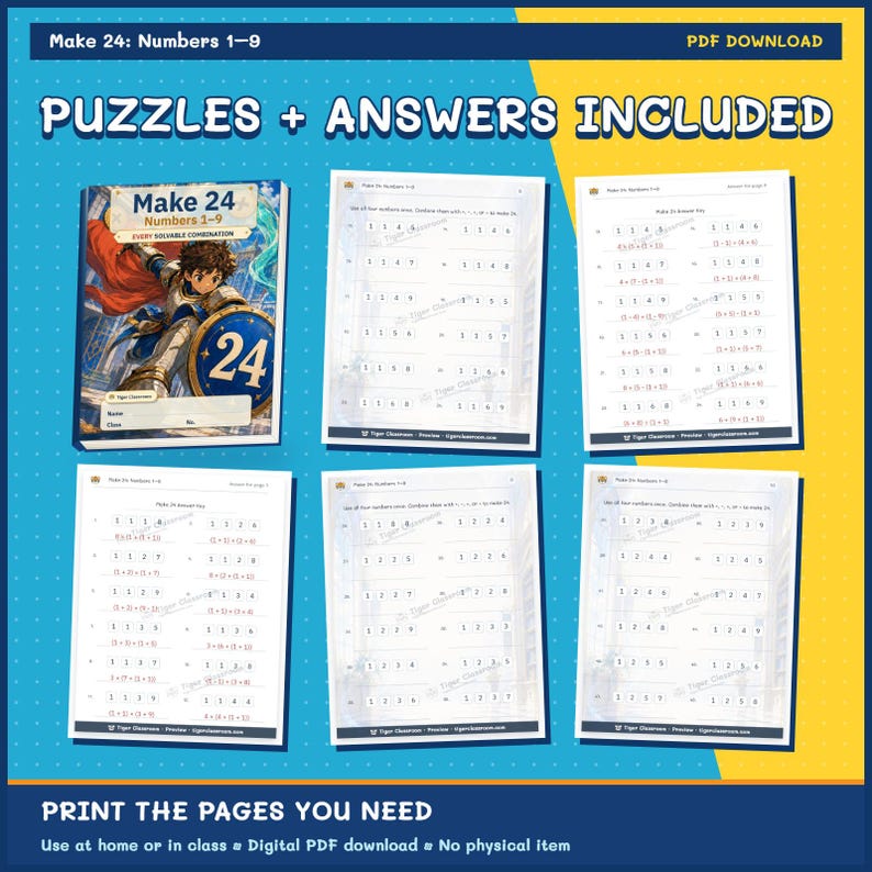 Make 24 Printable Math Puzzles: All Possible Solvable Sets, Numbers 1–9 image 11
