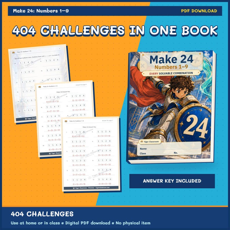 Make 24 Printable Math Puzzles: All Possible Solvable Sets, Numbers 1–9 image 9