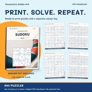 Consecutive Sudoku 9x9: 800 Printable Puzzles with Answers image 10