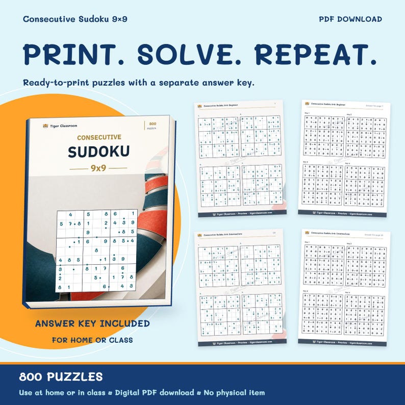 Consecutive Sudoku 9x9: 800 Printable Puzzles with Answers image 10