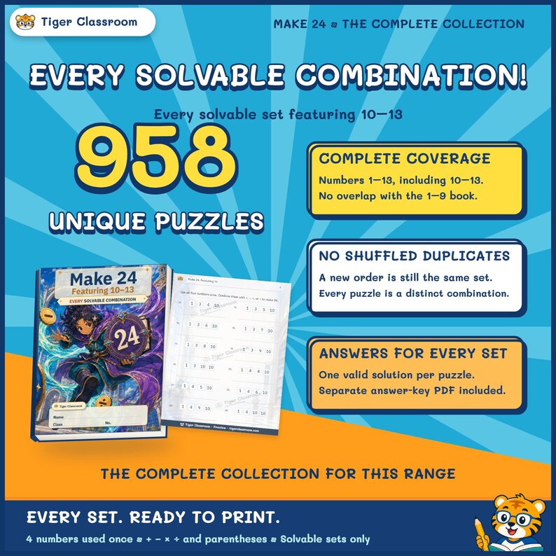 Make 24 Printable Math Puzzles: All Possible Solvable Sets Featuring 10–13 image 2